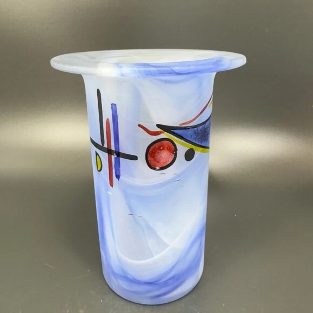 Hand Made German Art Glass Vase Vessel‎ Hand Painted Decorated Swirl Slag Glass